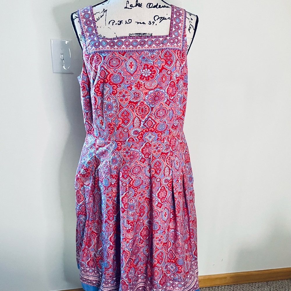 Talbots Red & Periwinkle Paisley Cotton Poplin Sundress w/ Pockets sz 10 New